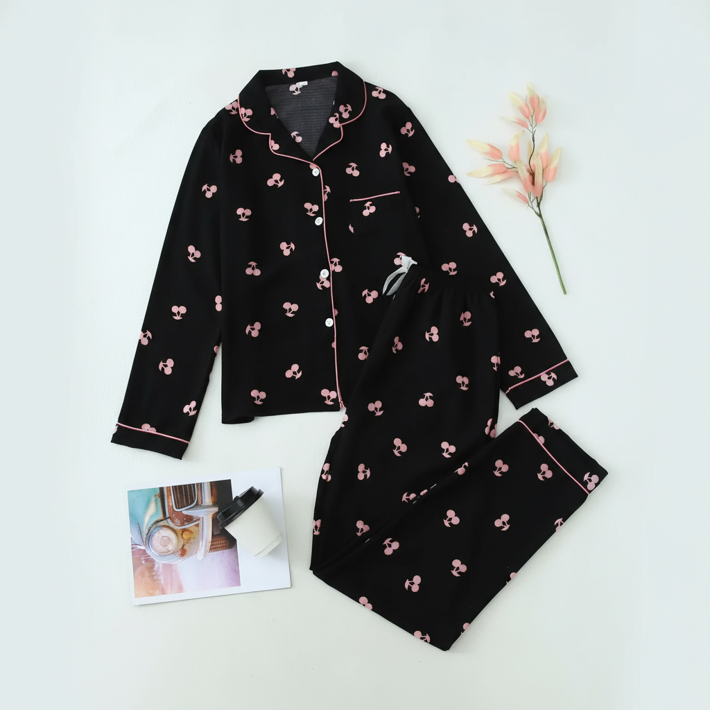 Printed Long Sleeve Pajama Set With Button Details For Women