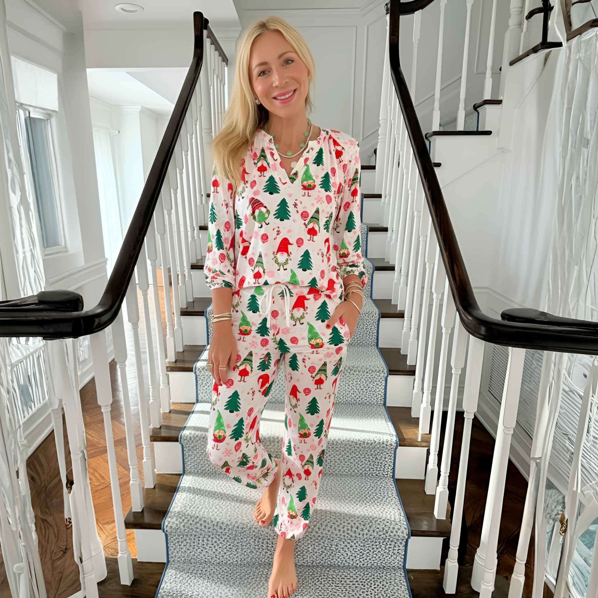 Festive Holiday Tree And Gnome Print Pajama Set