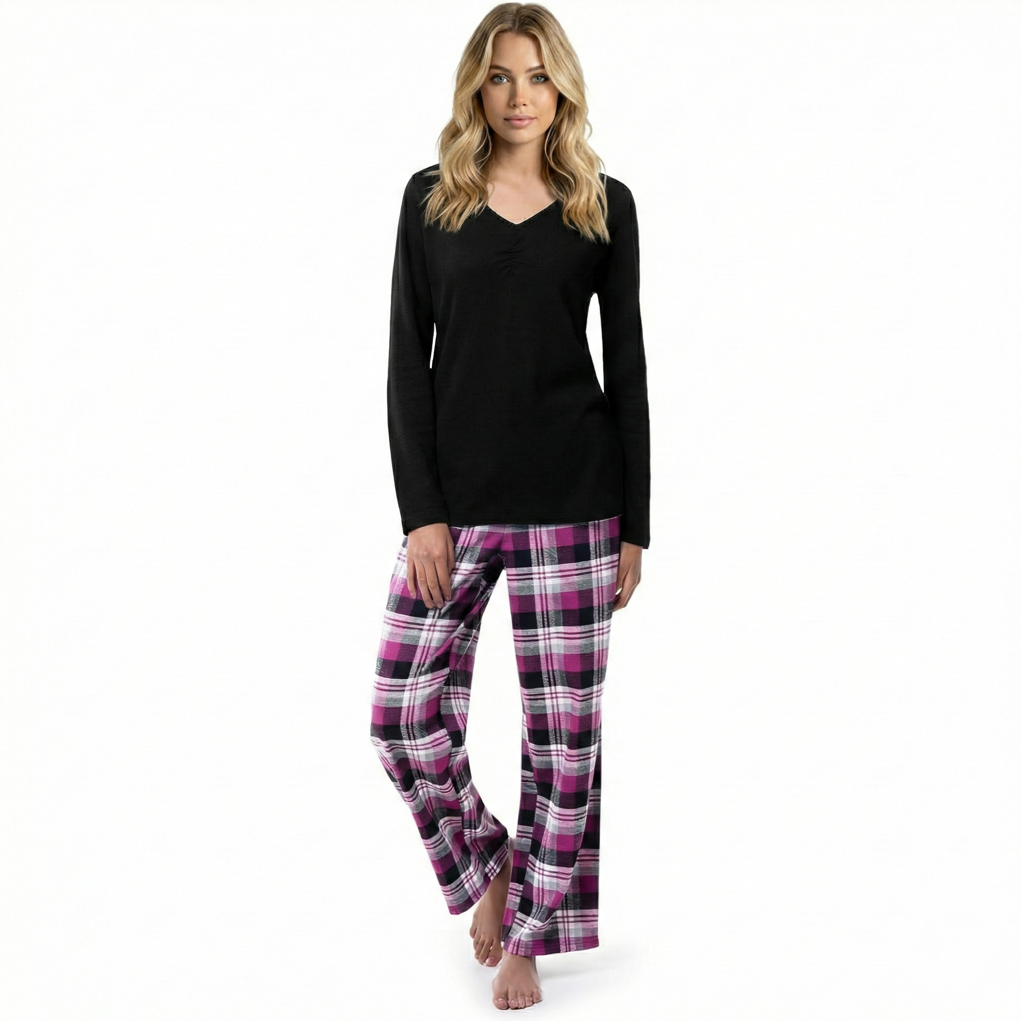 Long Sleeve Top And Plaid Pajama Set For Women