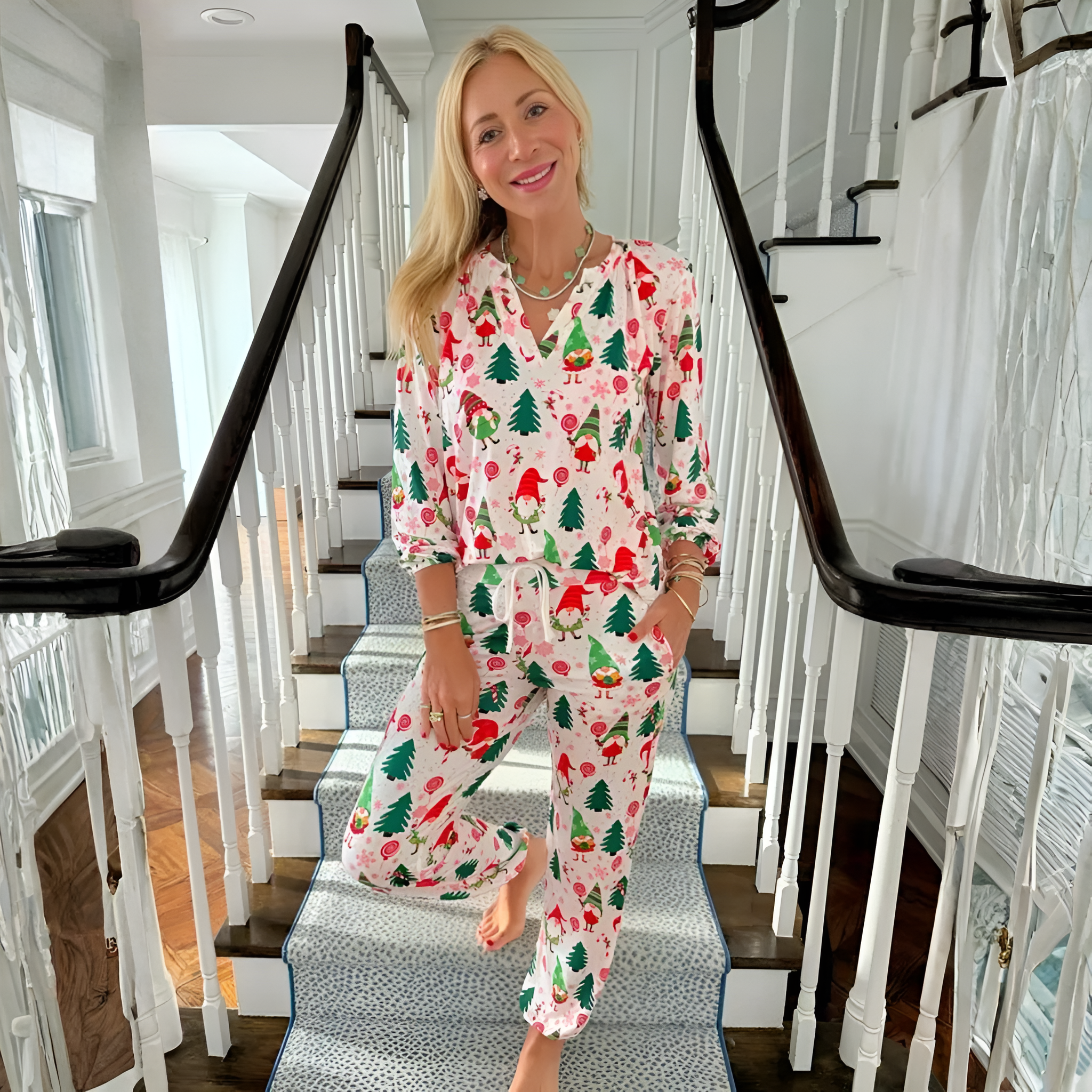 Festive Holiday Tree And Gnome Print Pajama Set