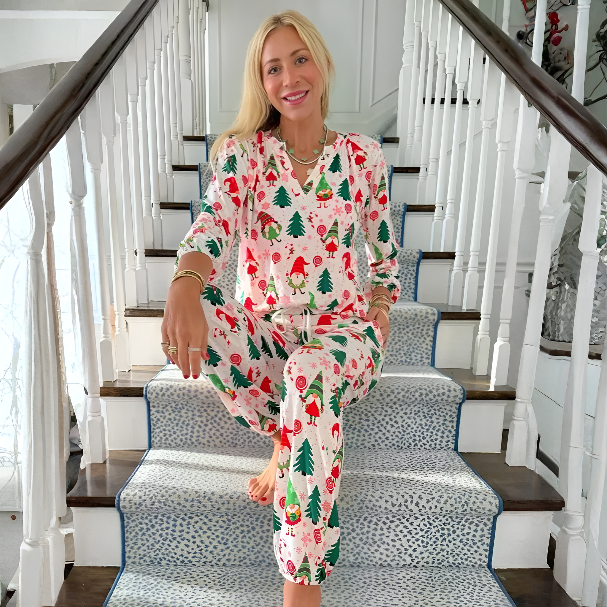 Festive Holiday Tree And Gnome Print Pajama Set