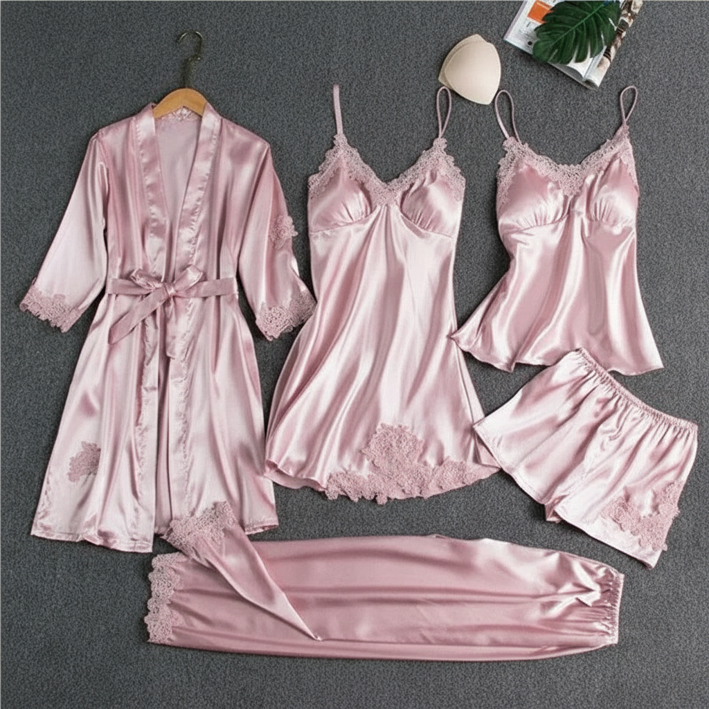 5 Piece Lace Trim Pajama Set With Robe And Lounge Pants