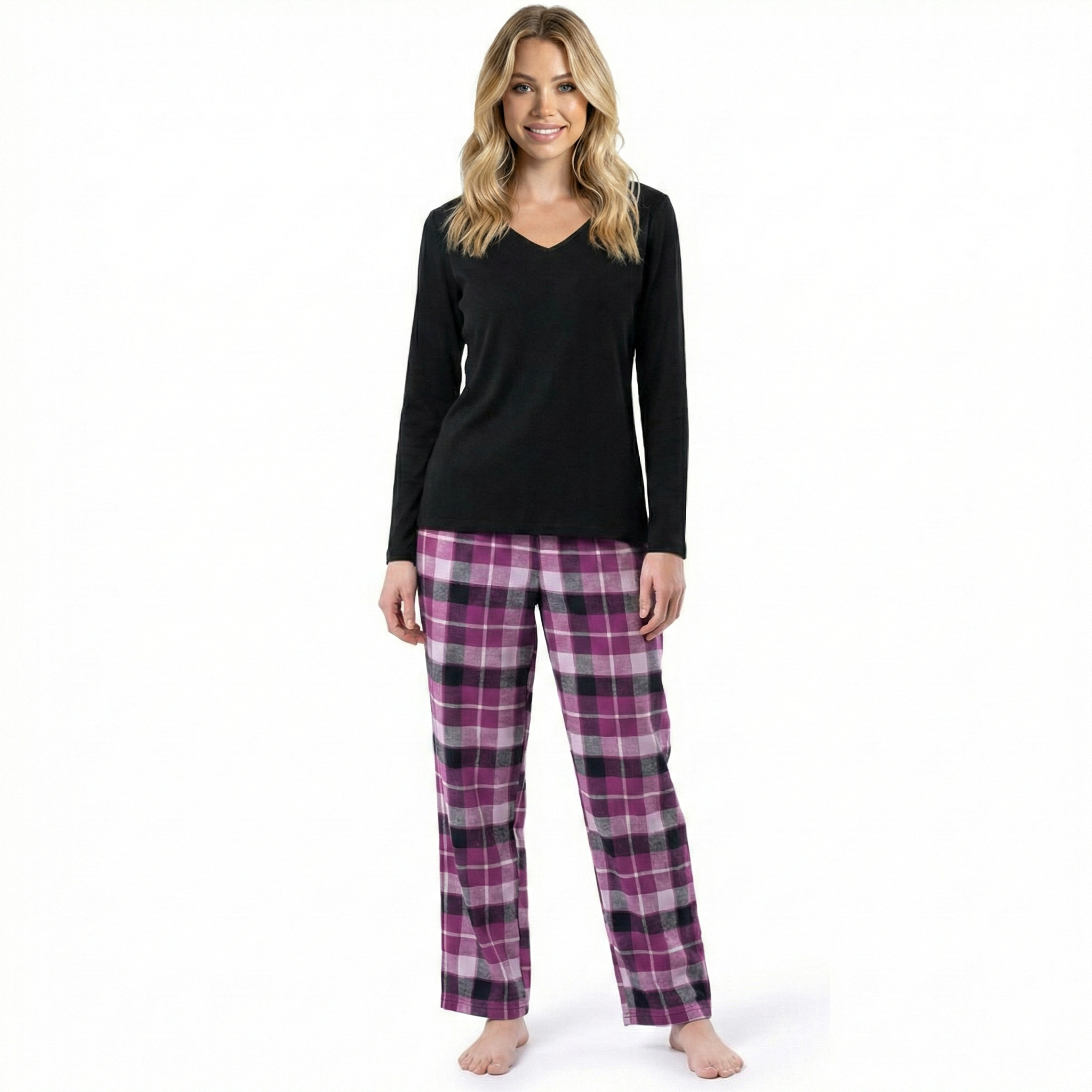 Long Sleeve Top And Plaid Pajama Set For Women
