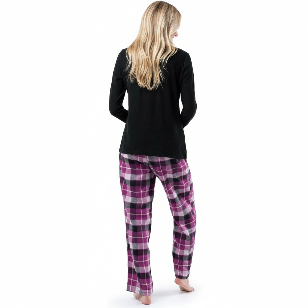 Long Sleeve Top And Plaid Pajama Set For Women