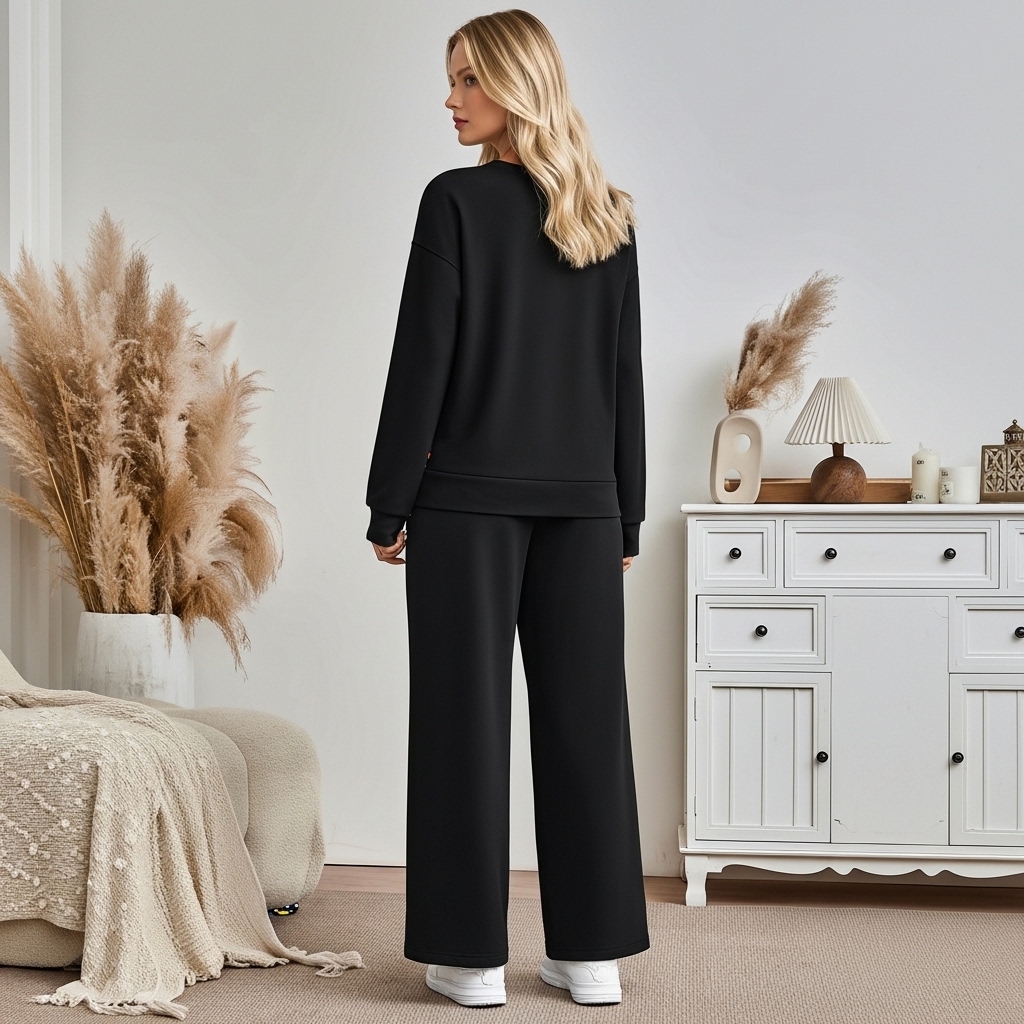 Crew Collar Lounge Top Wide Fit PantsMinimalist Design Long Sleeve Two Piece Set - Image 12