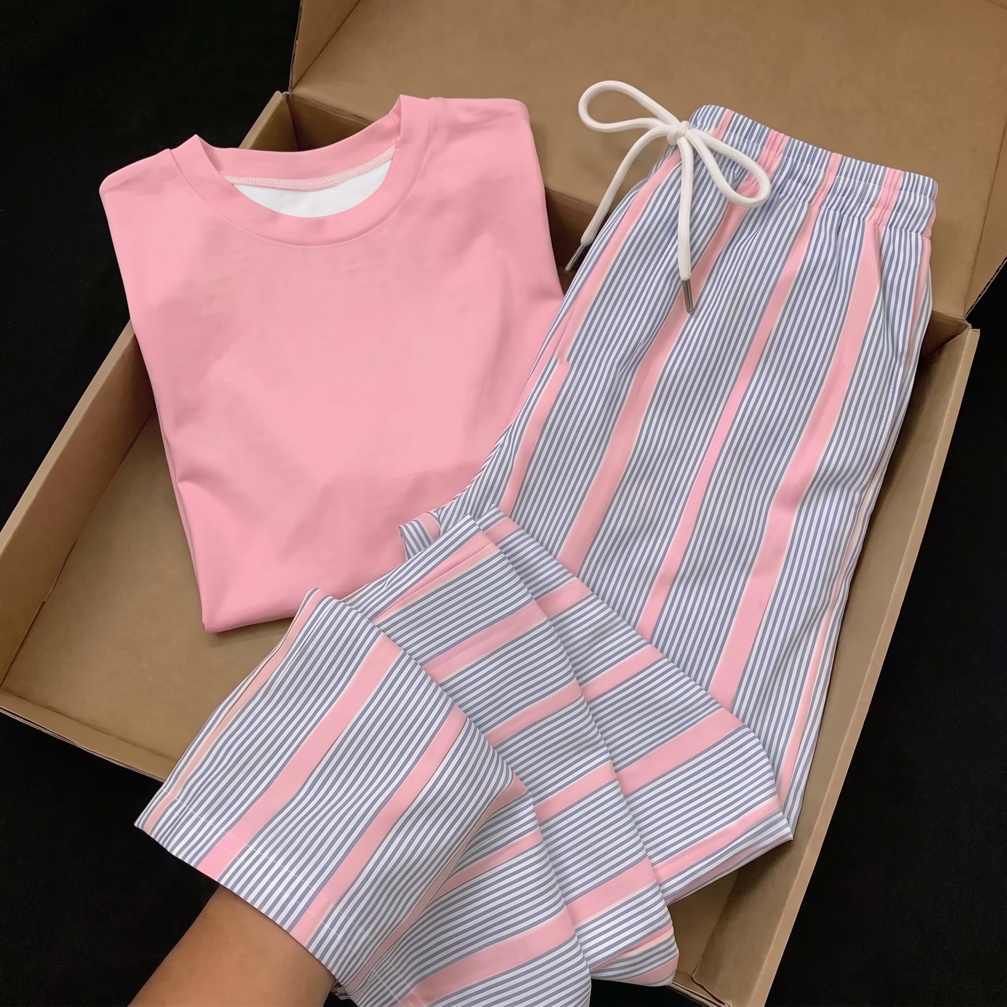 Striped Print Short Sleeve Top and Pants 2 Piece Vacation Set for Women