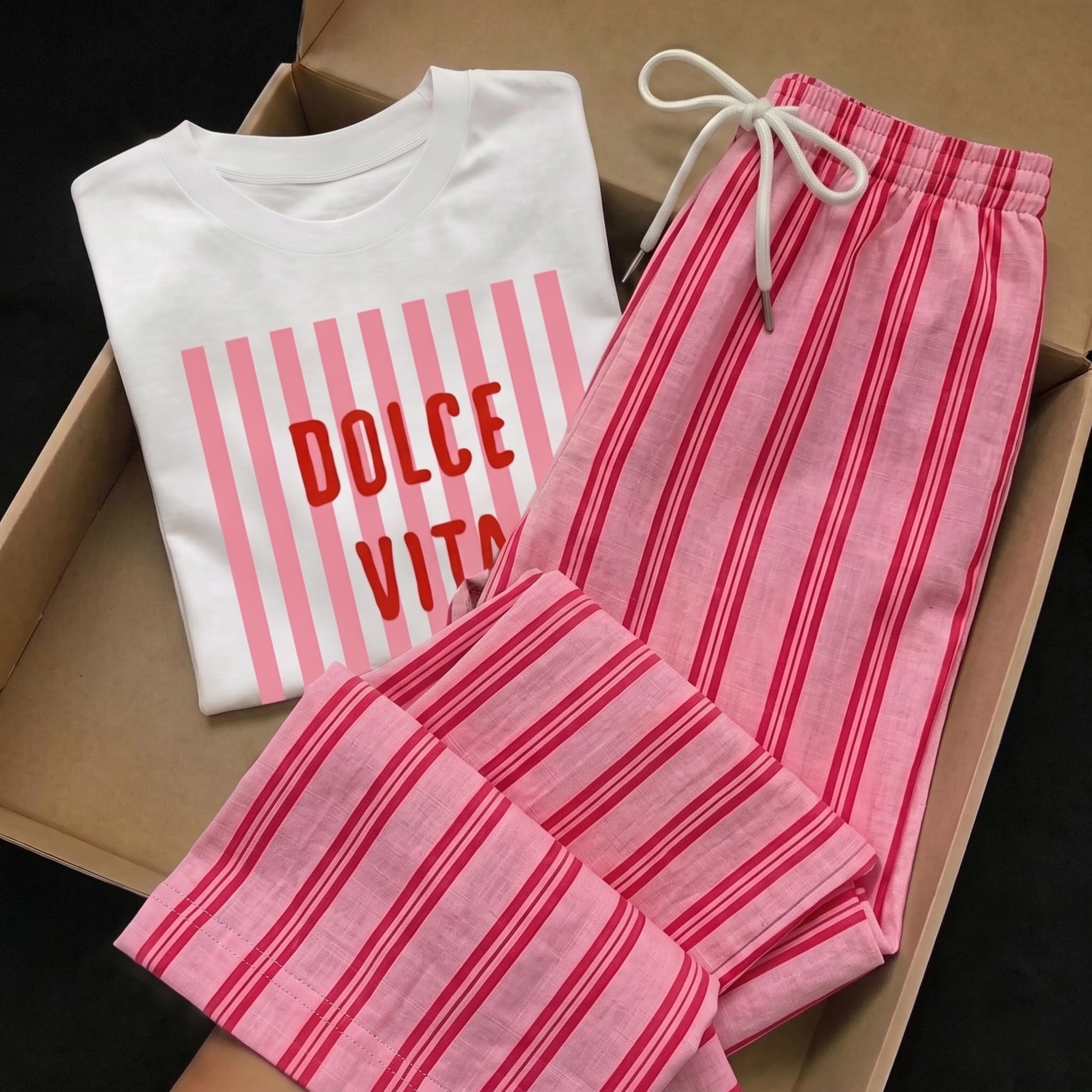 Striped Print Short Sleeve Top and Pants 2 Piece Vacation Set for Women