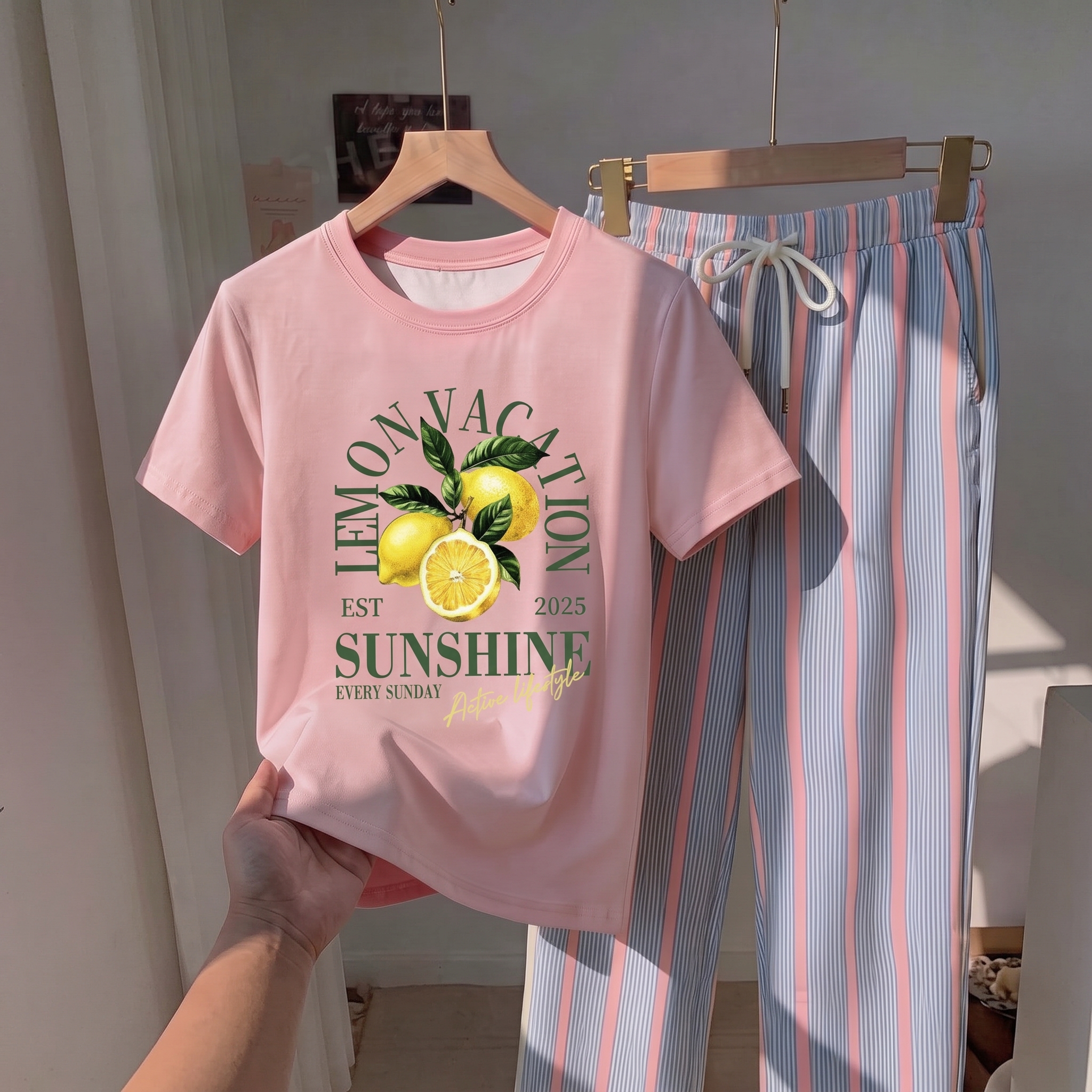 Striped Print Short Sleeve Top and Pants 2 Piece Vacation Set for Women
