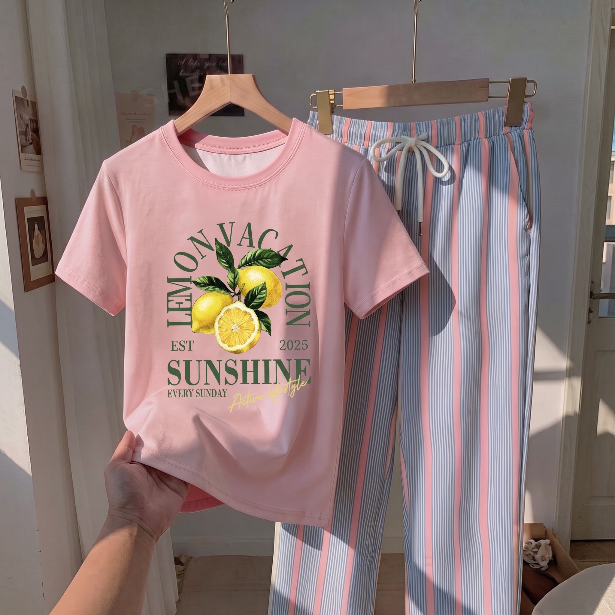 Striped Print Short Sleeve Top and Pants 2 Piece Vacation Set for Women