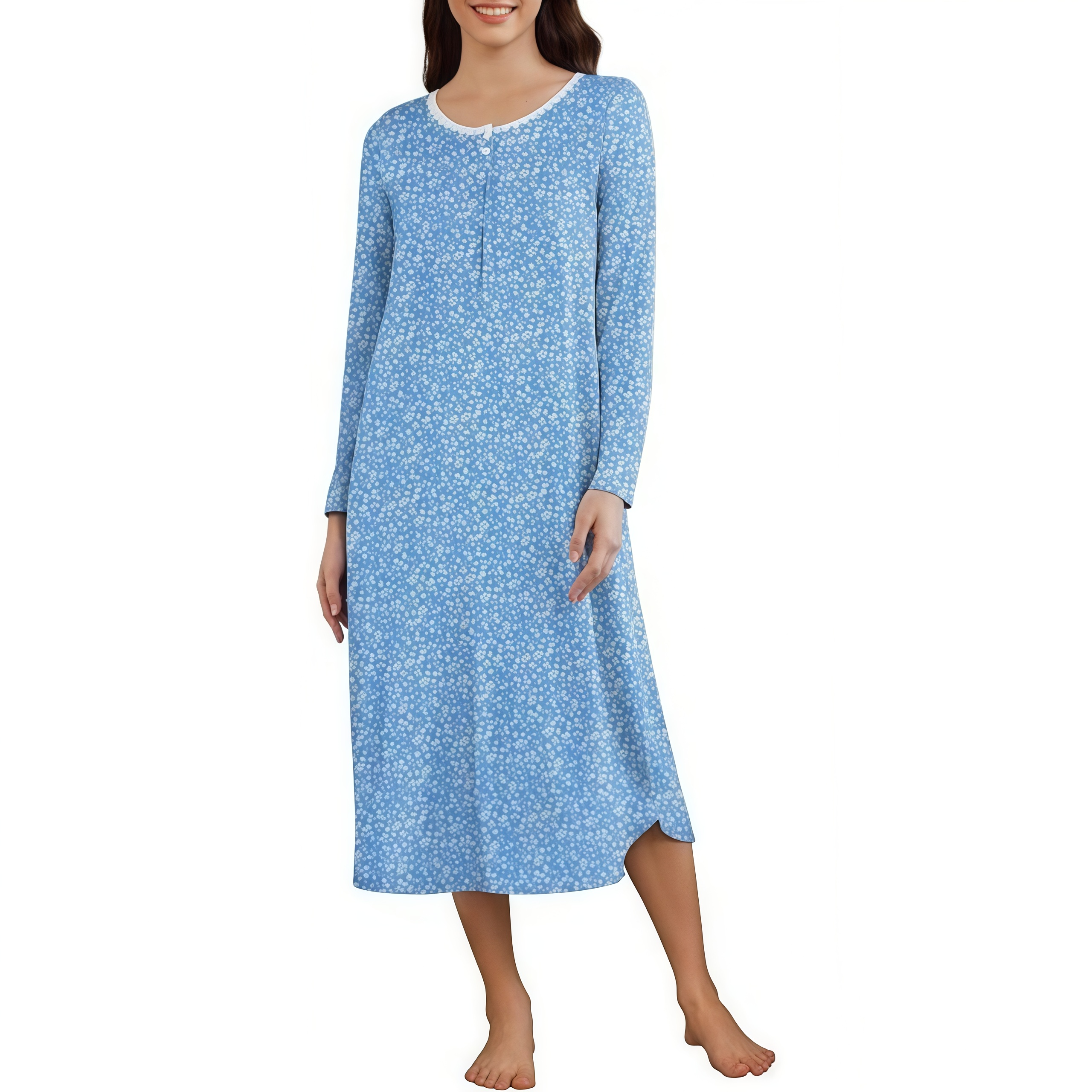 Long Sleeve Nightgown Henley Sleep Dress
