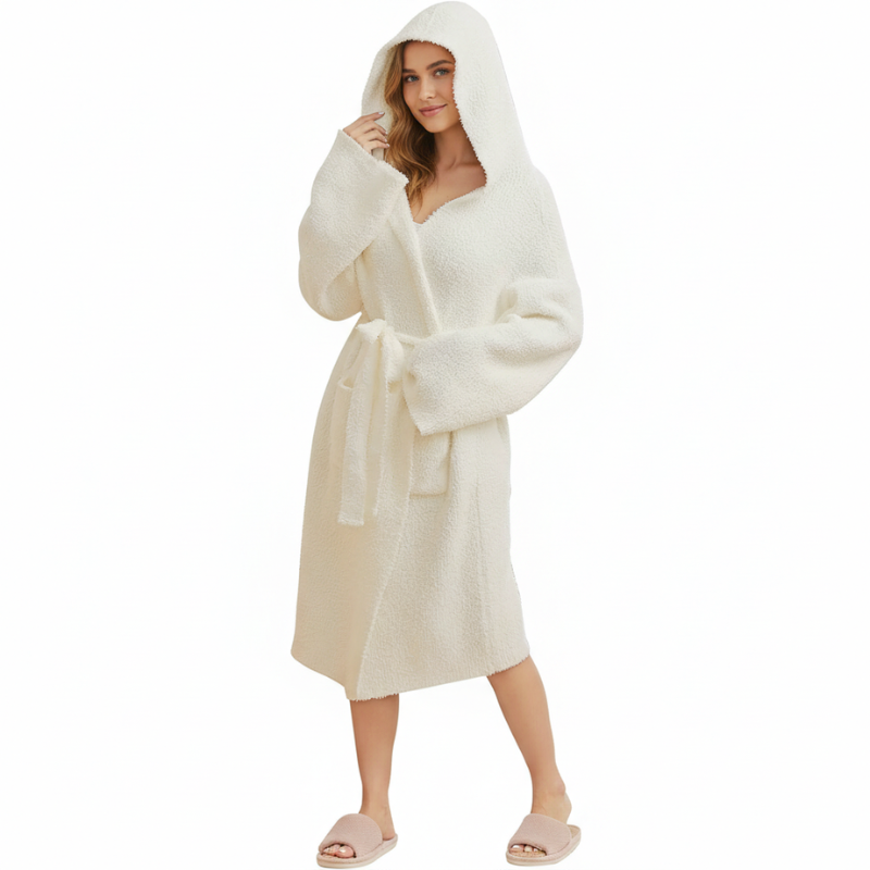 Lightweight Hooded Wrap Design Bathrobe For Women