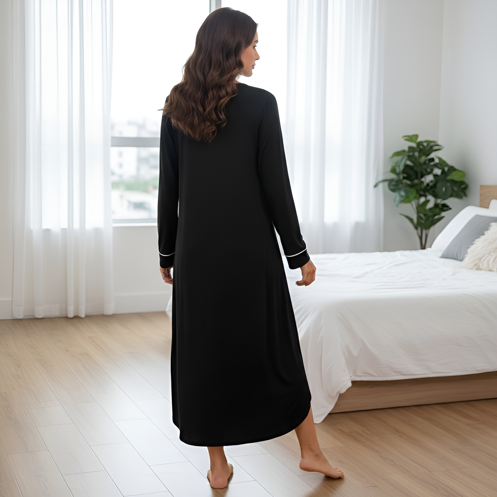 Classic Nightgown With Long Sleeve Button Down Design For Women