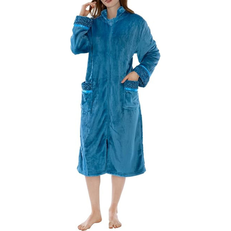 Cozy Zip Up Front Bathrobe With Soft Fleece For Women