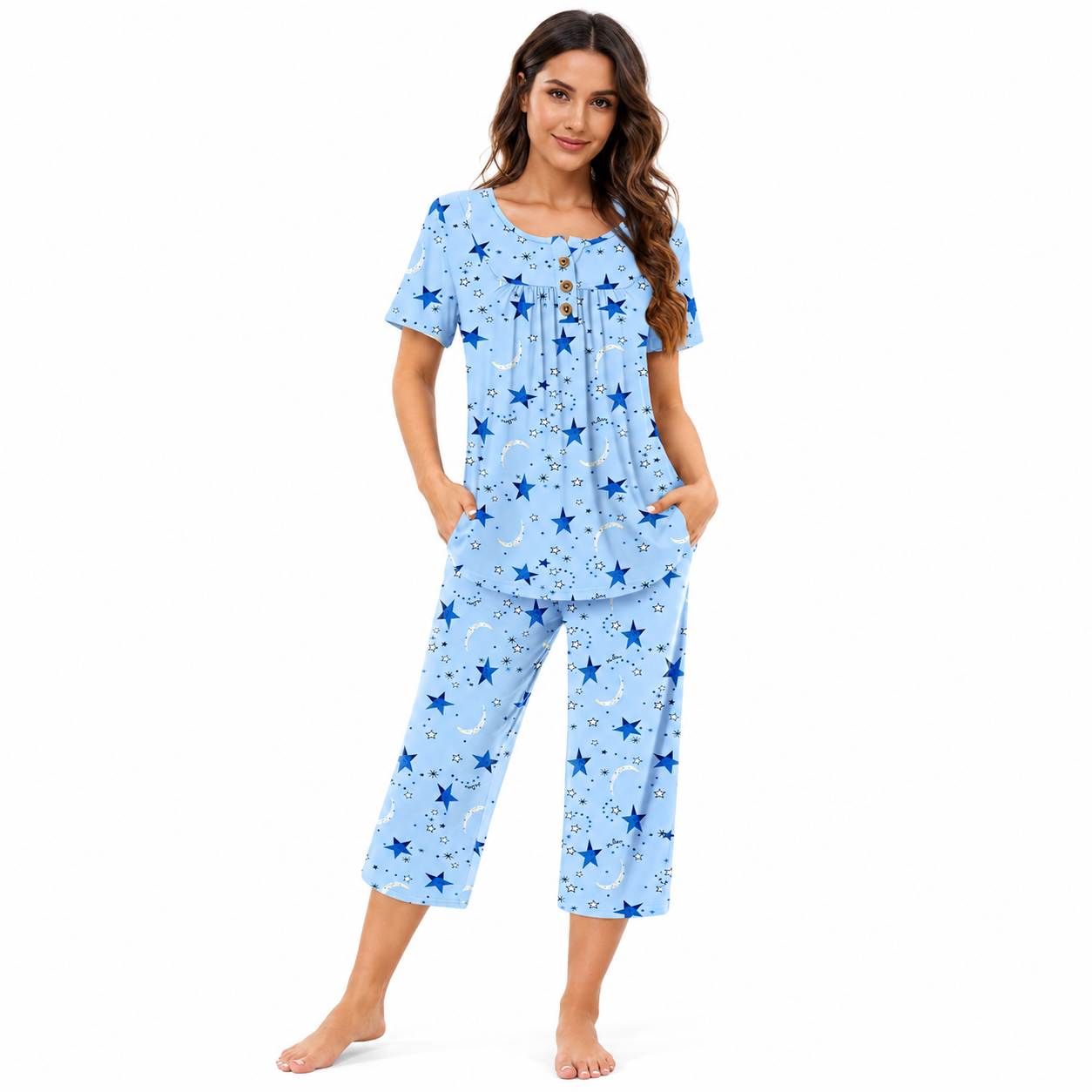 2 Piece Summer Pajama Set With Capri Pants For Women