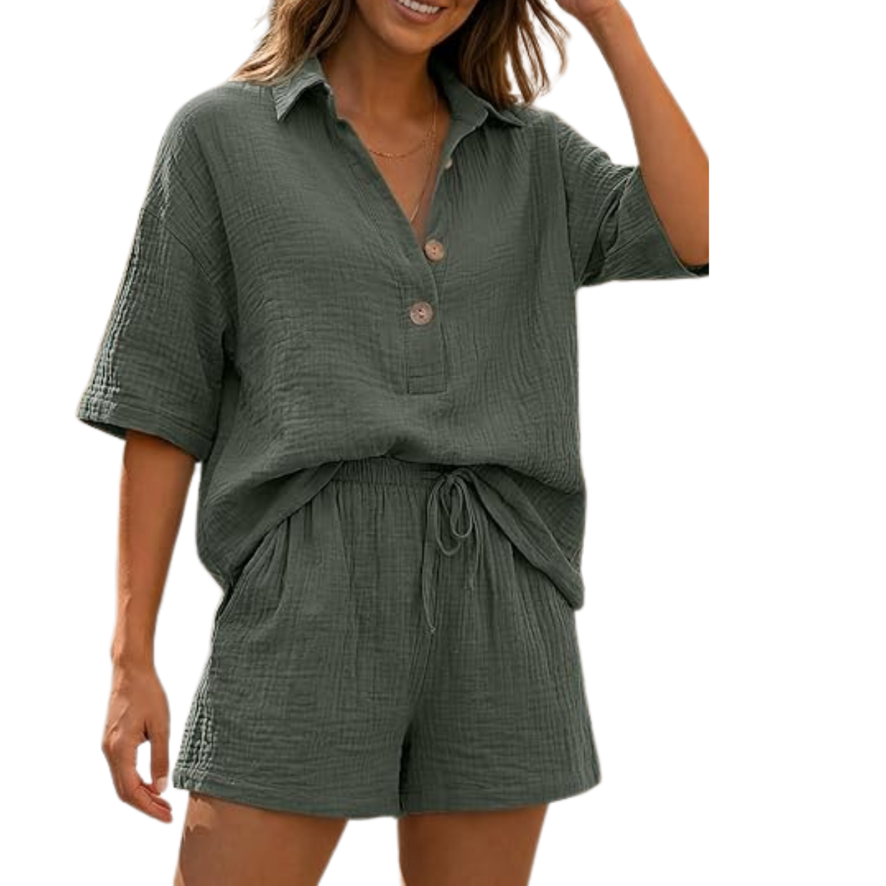 2 Piece Summer Matching Set With Button Top And Drawstring Shorts For Women