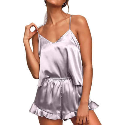Women Pajamas Sets Silk Satin Ruffled