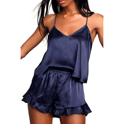 Women Pajamas Sets Silk Satin Ruffled