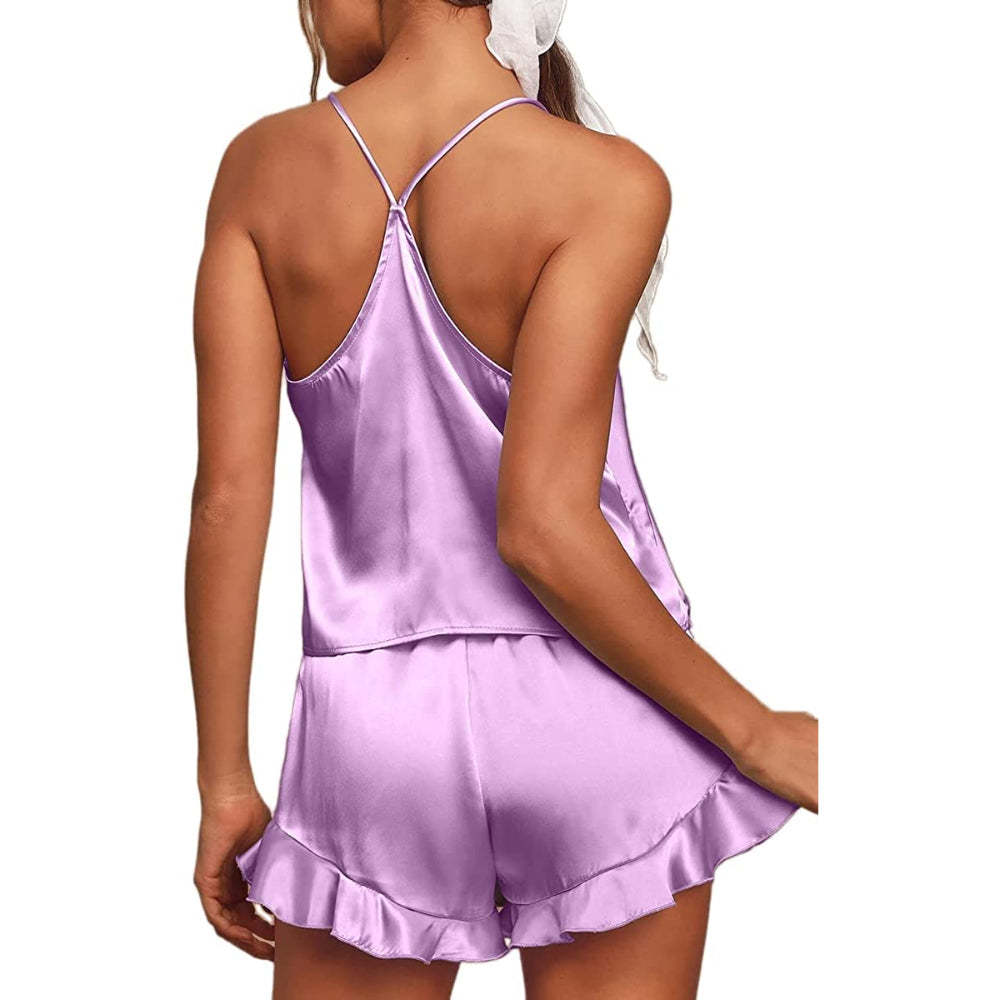 Women Pajamas Sets Silk Satin Ruffled