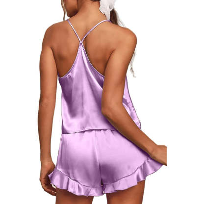 Women Pajamas Sets Silk Satin Ruffled
