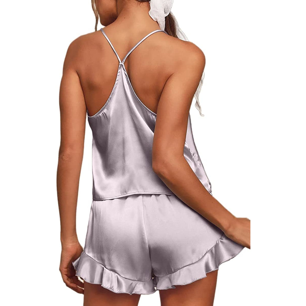 Women Pajamas Sets Silk Satin Ruffled