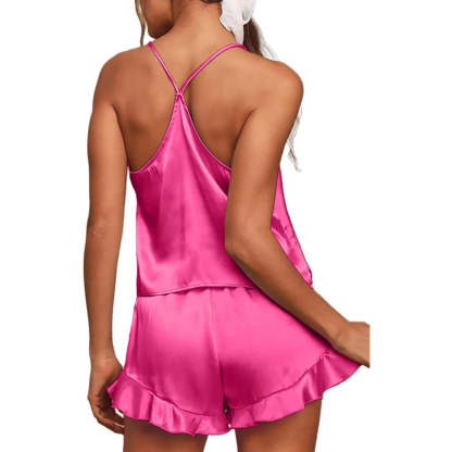 Women Pajamas Sets Silk Satin Ruffled
