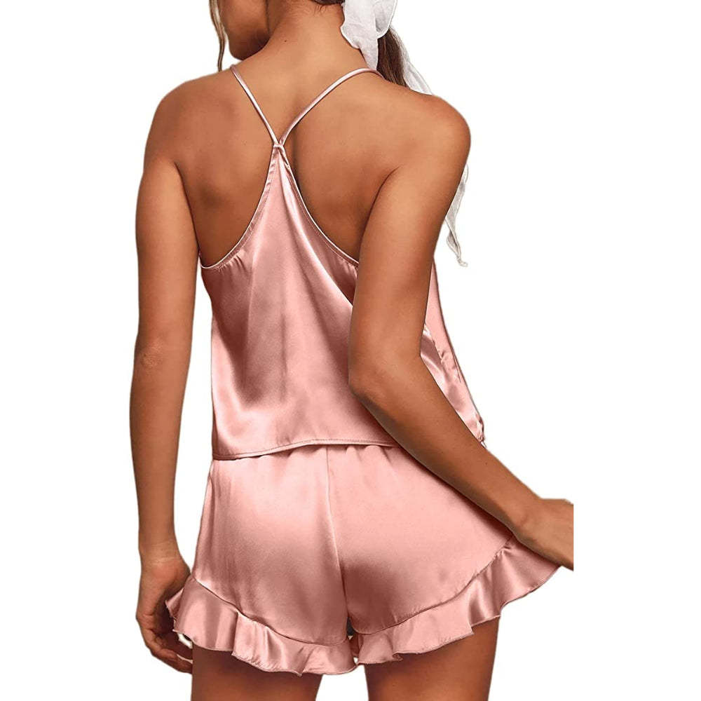 Women Pajamas Sets Silk Satin Ruffled