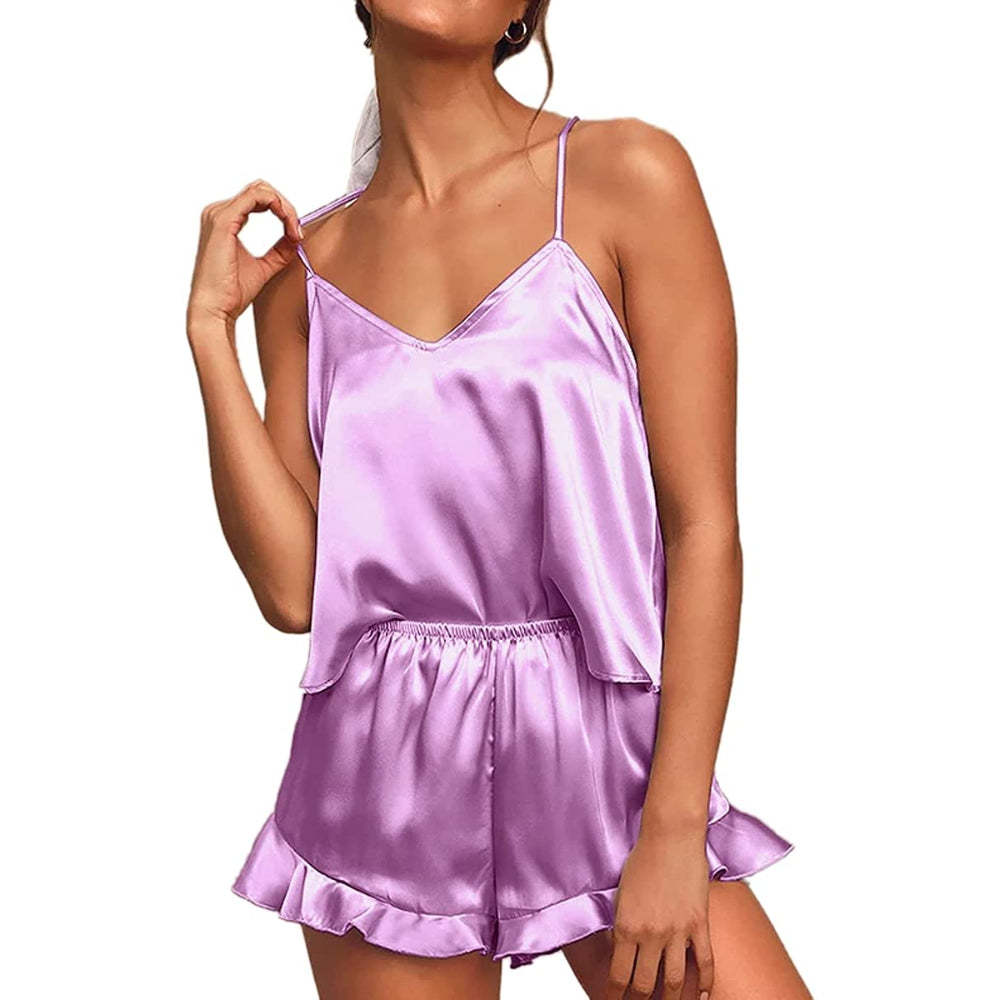 Women Pajamas Sets Silk Satin Ruffled