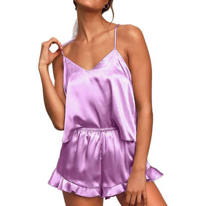 Women Pajamas Sets Silk Satin Ruffled