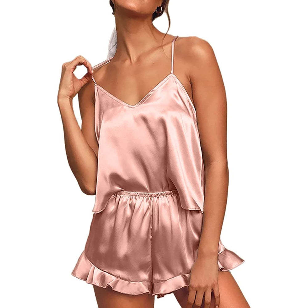 Women Pajamas Sets Silk Satin Ruffled