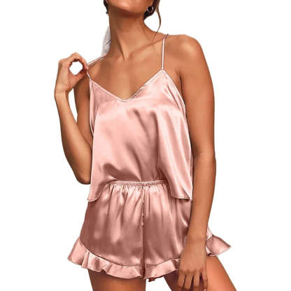 Women Pajamas Sets Silk Satin Ruffled