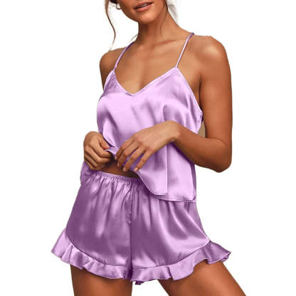 Women Pajamas Sets Silk Satin Ruffled