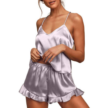 Women Pajamas Sets Silk Satin Ruffled