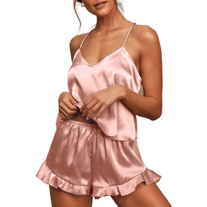 Women Pajamas Sets Silk Satin Ruffled