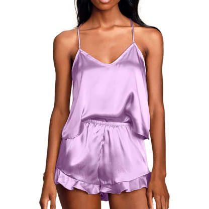 Women Pajamas Sets Silk Satin Ruffled