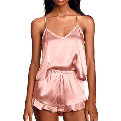 Women Pajamas Sets Silk Satin Ruffled