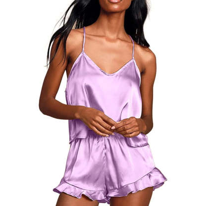 Women Pajamas Sets Silk Satin Ruffled