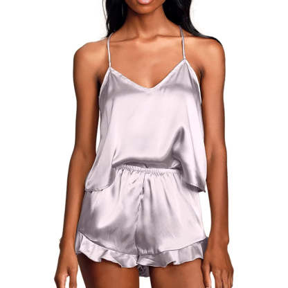 Women Pajamas Sets Silk Satin Ruffled