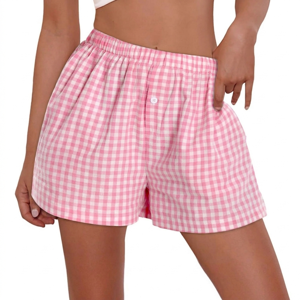 Casual Plaid Boxer Shorts With Pocket For Women