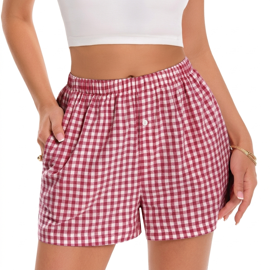 Casual Plaid Boxer Shorts With Pocket For Women