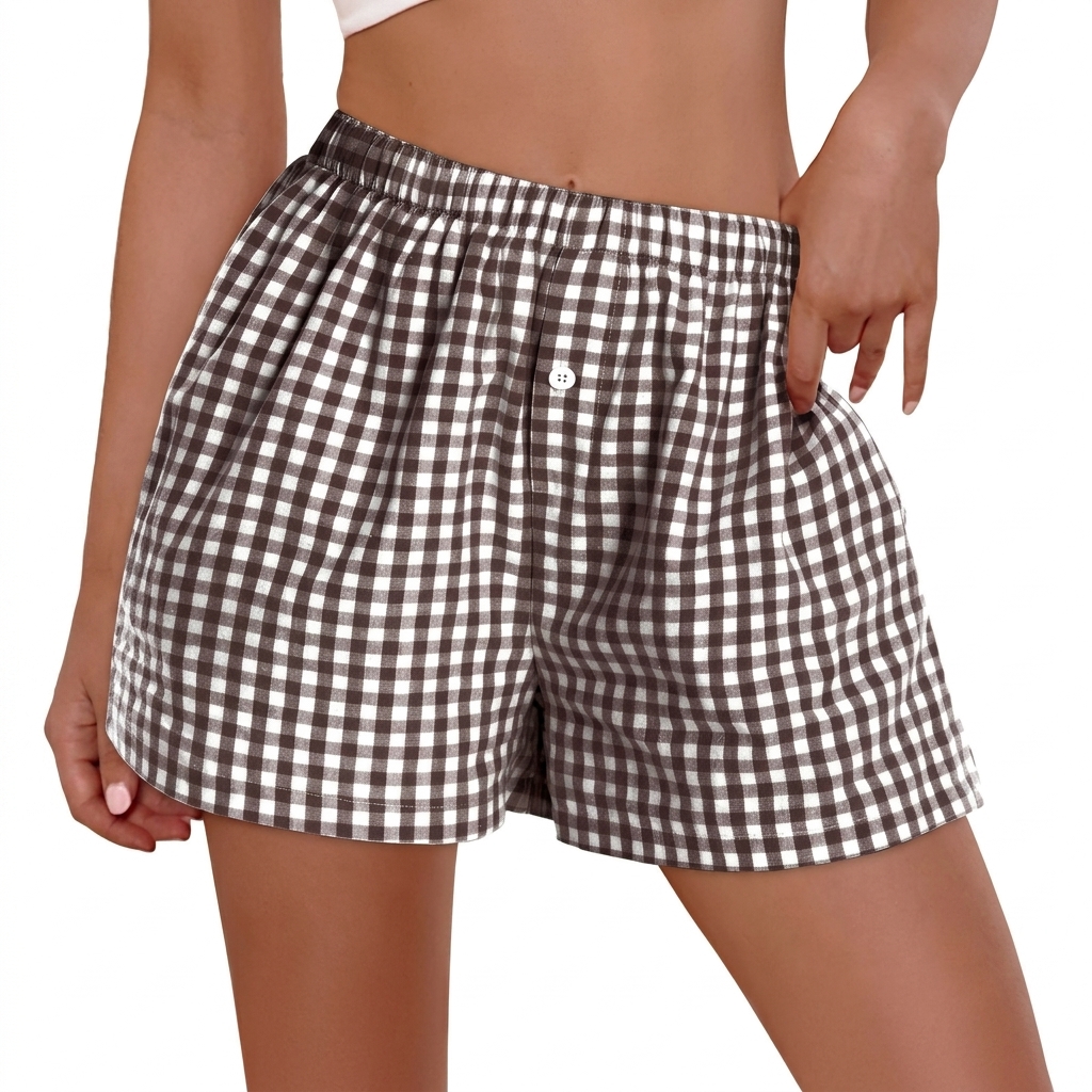 Casual Plaid Boxer Shorts With Pocket For Women