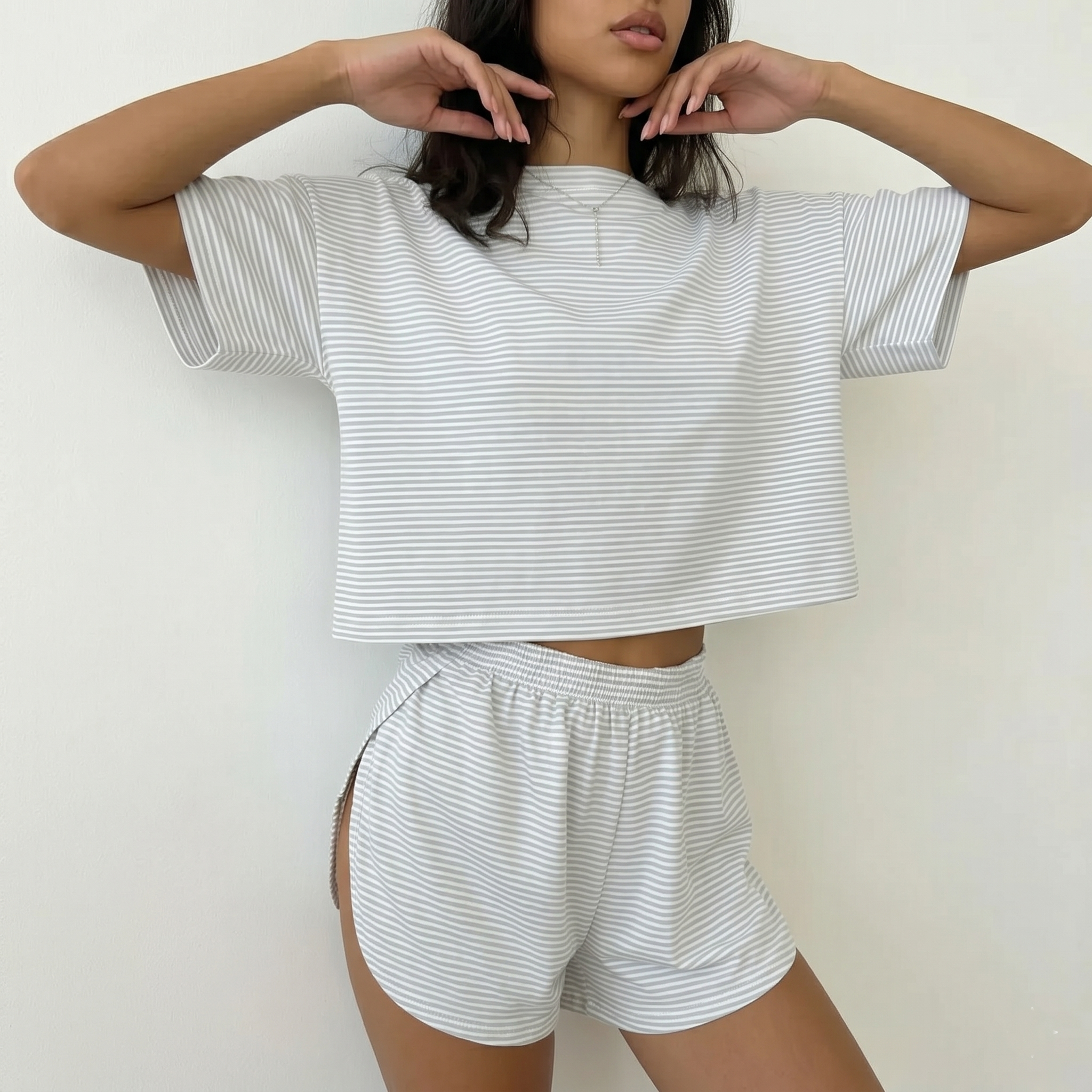 Casual Striped Loose Fit Tee And Split Hem Shorts Lounge Set For Women
