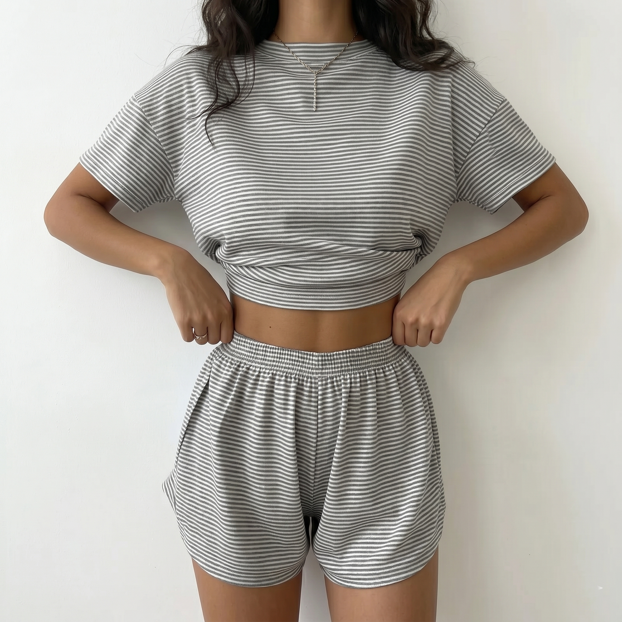 Casual Striped Loose Fit Tee And Split Hem Shorts Lounge Set For Women