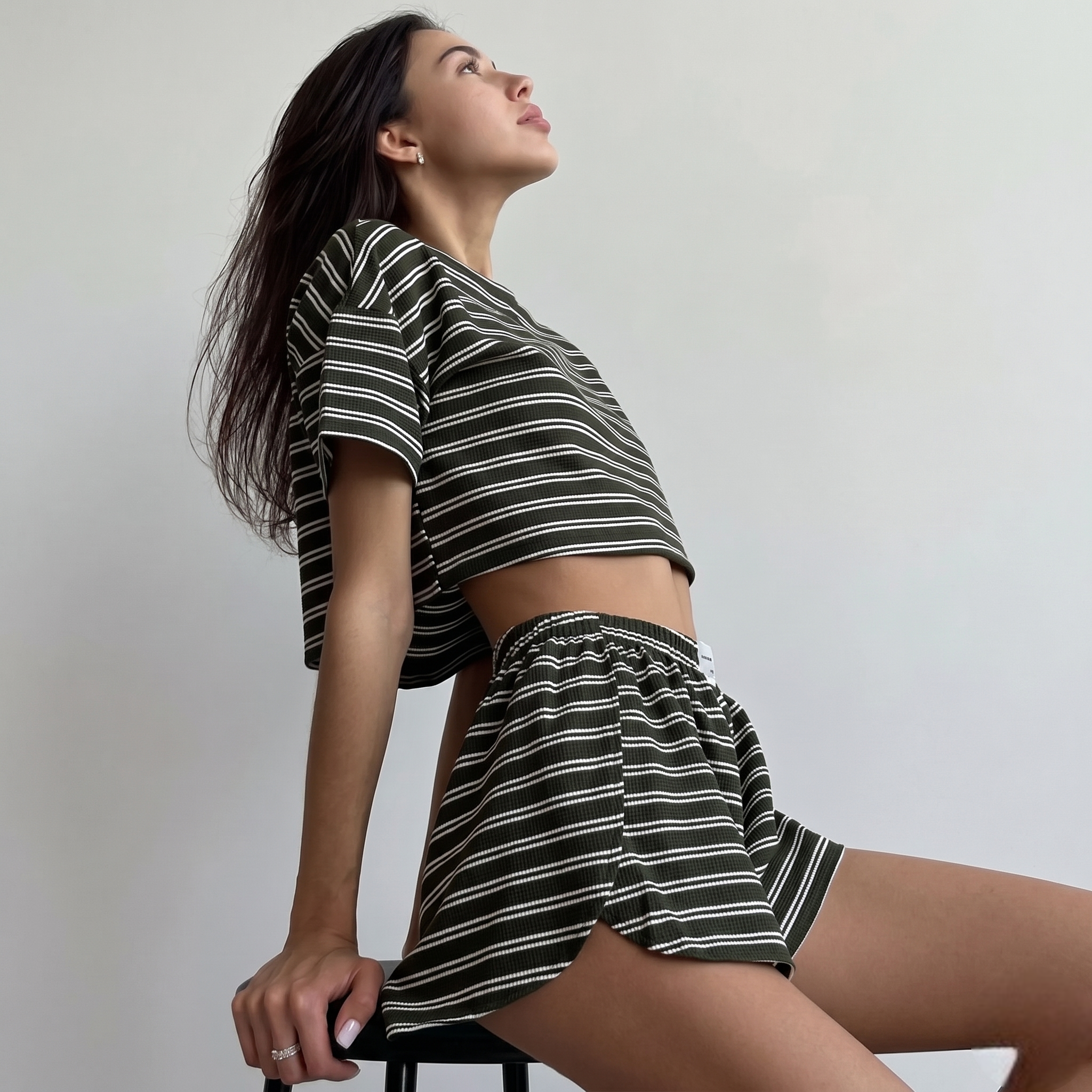 Casual Striped Loose Fit Tee And Split Hem Shorts Lounge Set For Women