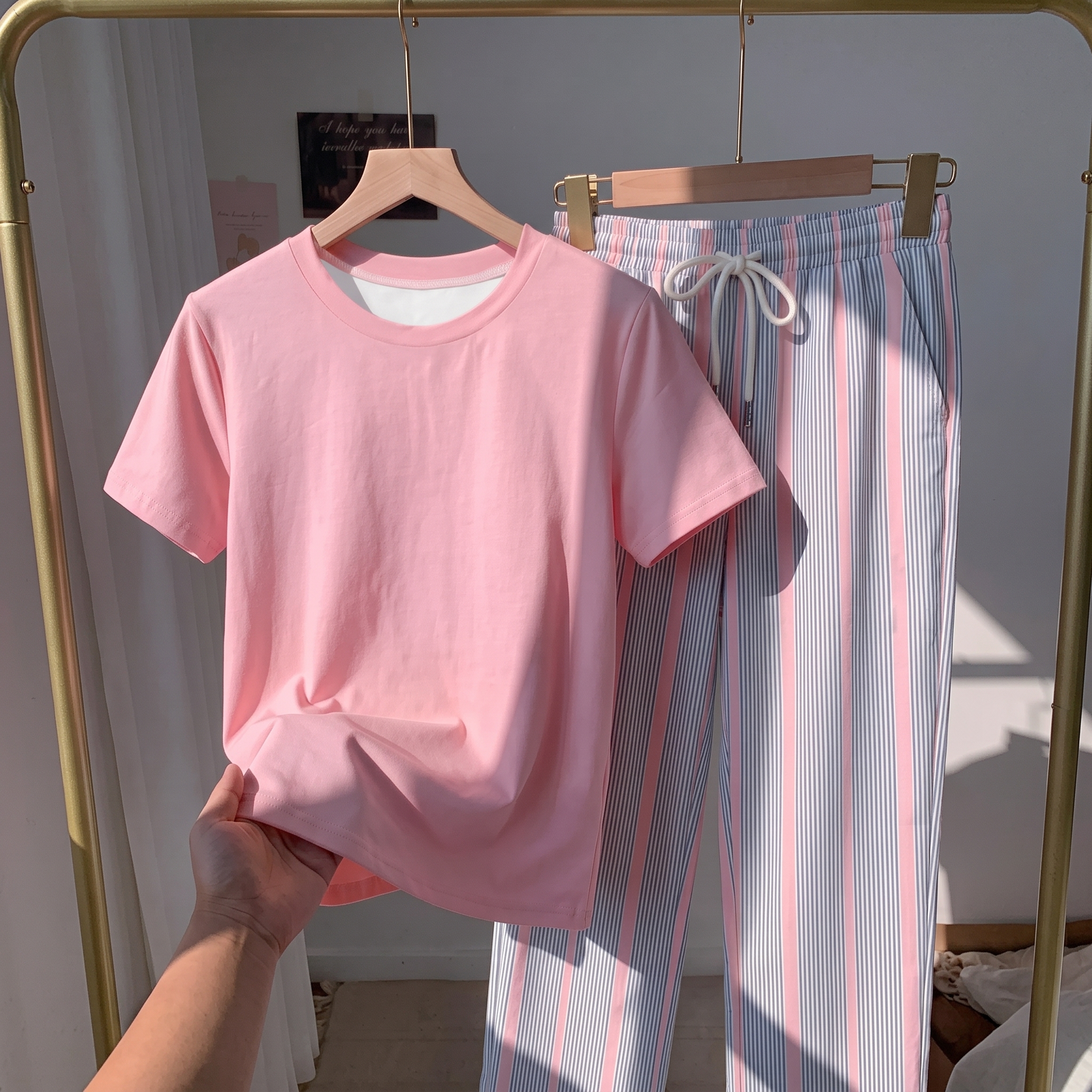 Striped Print Short Sleeve Top and Pants 2 Piece Vacation Set for Women