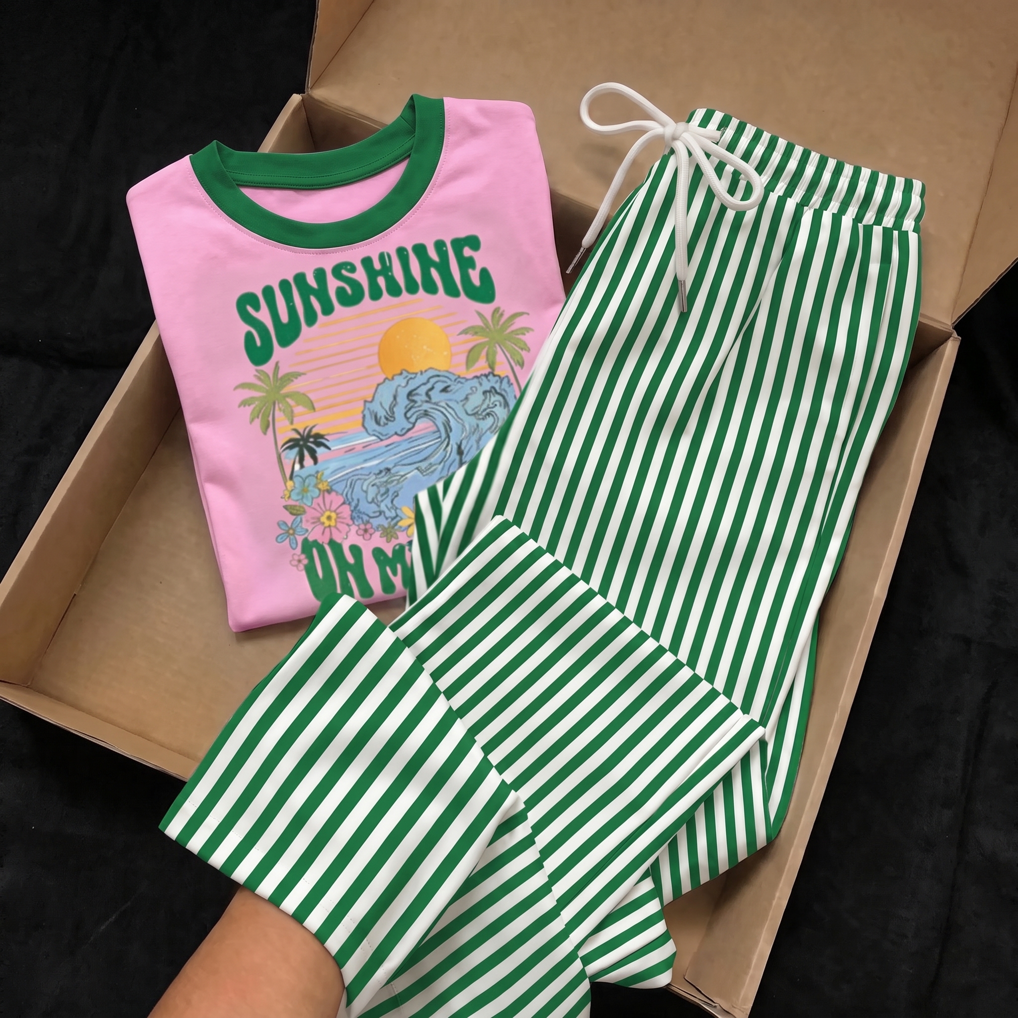 Striped Print Short Sleeve Top and Pants 2 Piece Vacation Set for Women