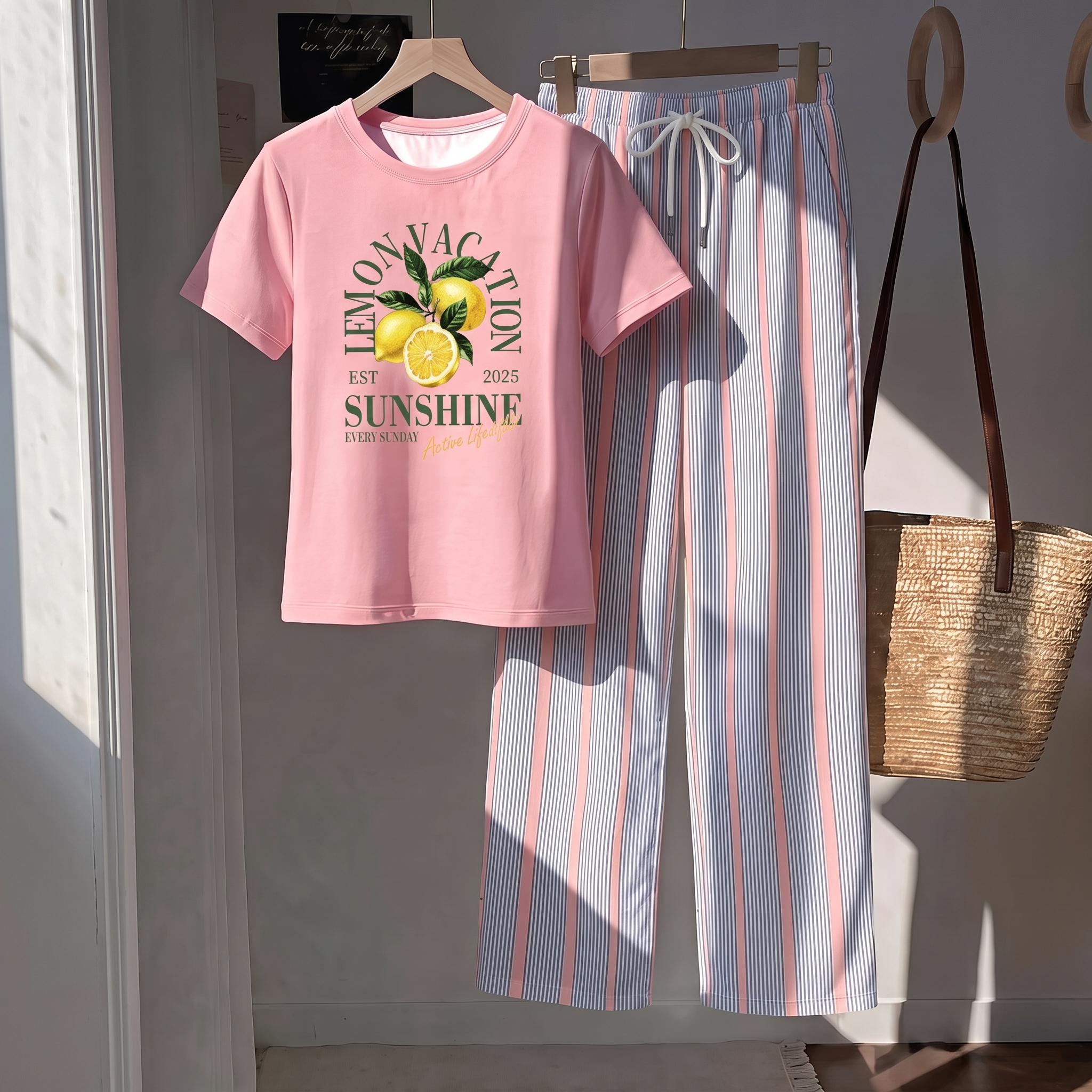 Striped Print Short Sleeve Top and Pants 2 Piece Vacation Set for Women