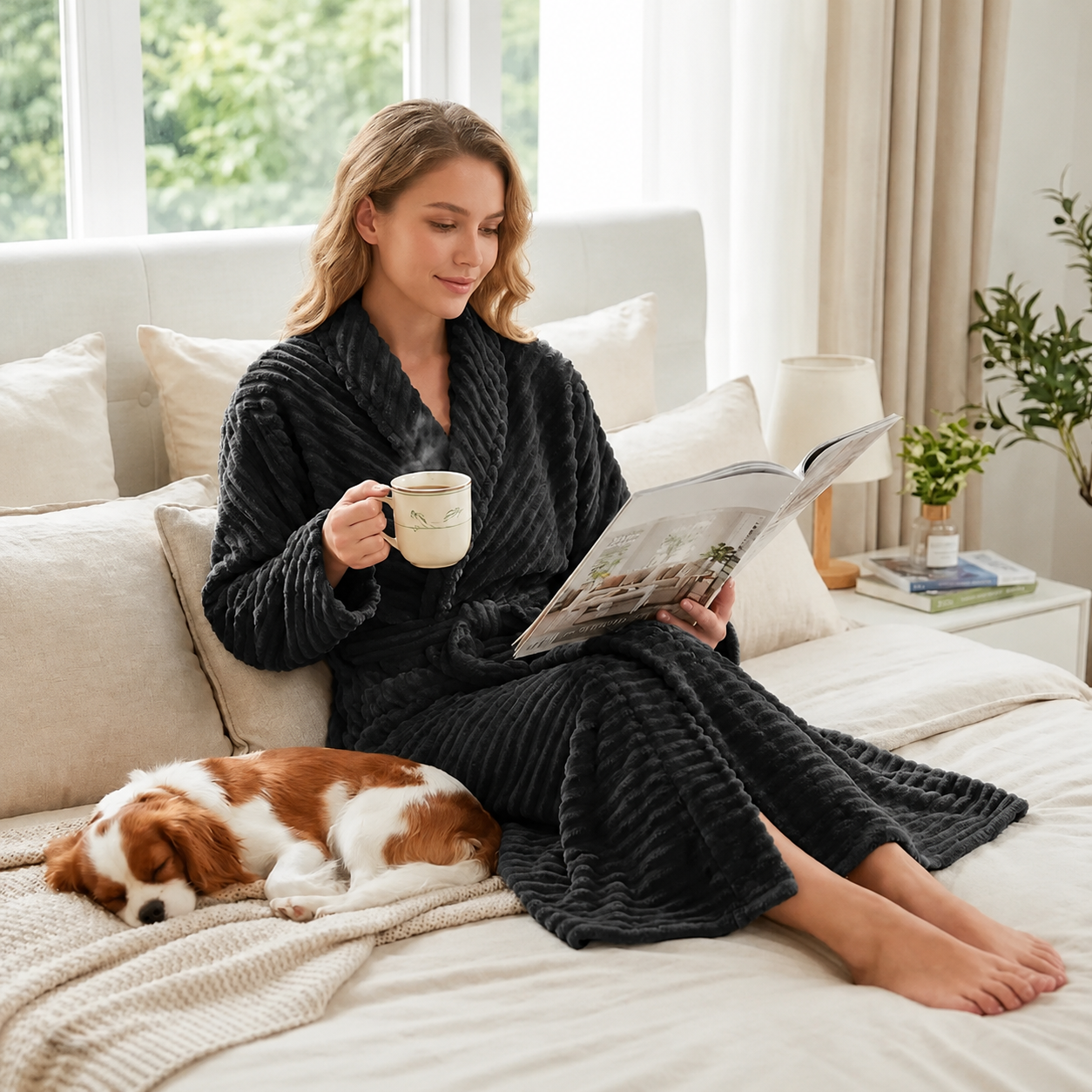 Ribbed Fleece Robe For Women