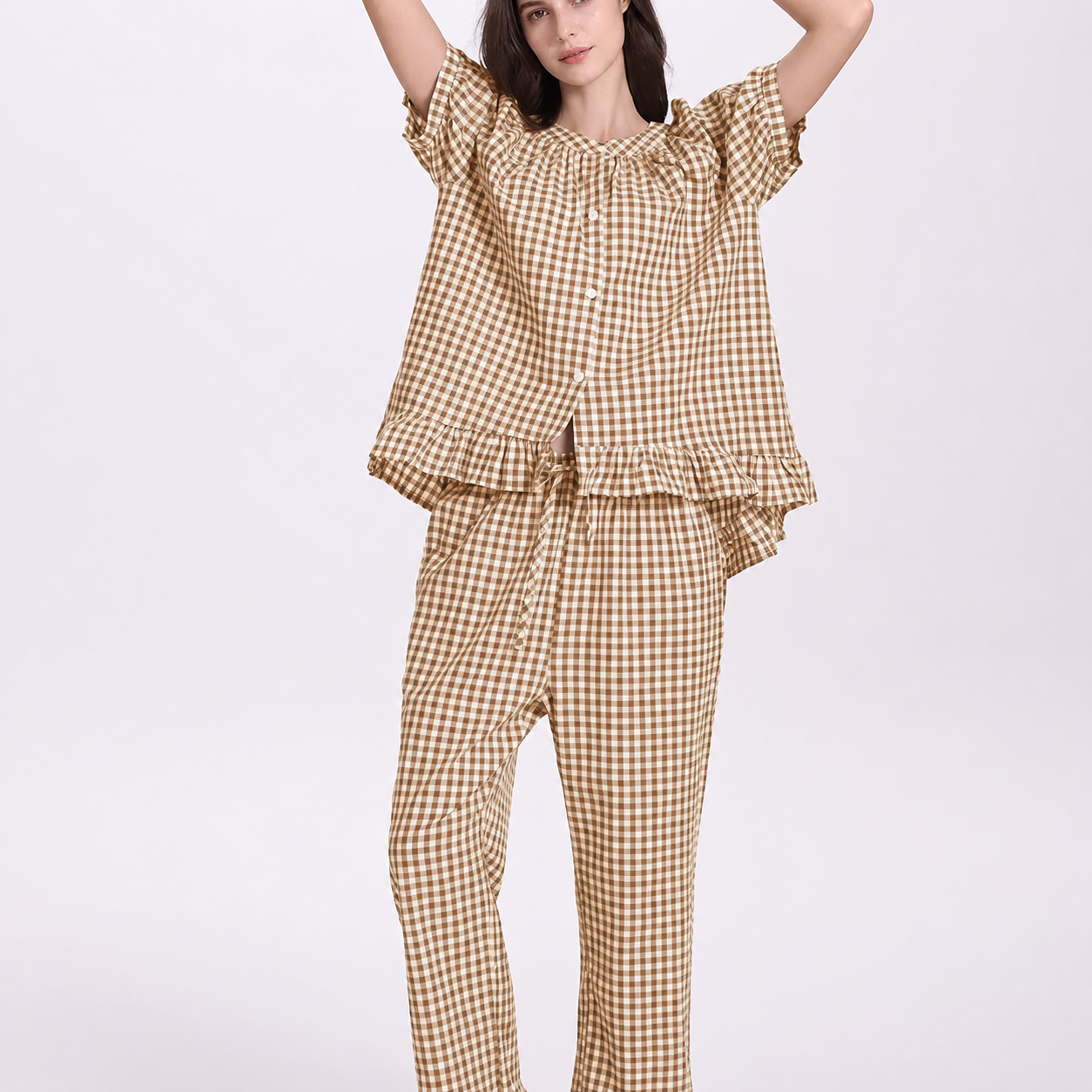 Gingham Ruffle Pajama Set with Button Front Top for Women