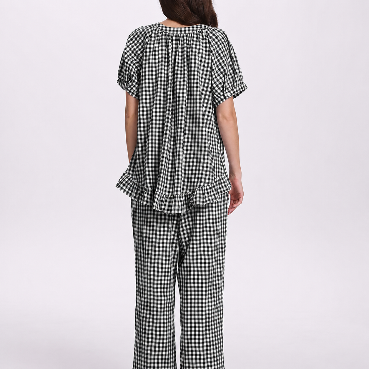 Gingham Ruffle Pajama Set with Button Front Top for Women