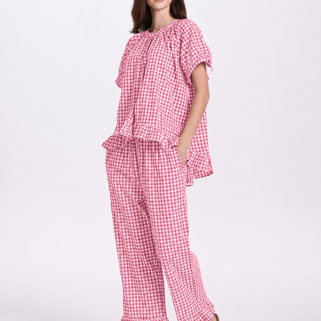 Gingham Ruffle Pajama Set with Button Front Top for Women